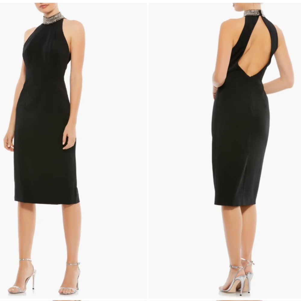 MAC DUGGAL 26682 OPEN BACK JEWELED HALTER MIDI BLACK DRESS sz 8